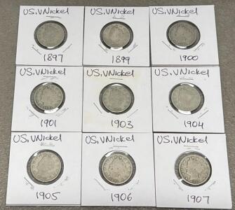 Set of 9 Liberty Head "V" Nickels (1897-1907) in Individual Holders