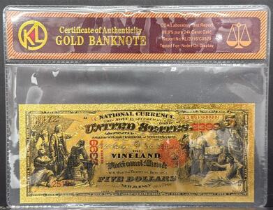 24k Gold-Plated $5 Vineland National Bank Replica Note, COA, Columbus Design, 1864 Artwork
