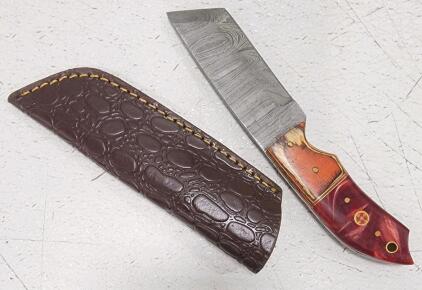 (1) Fixed Blade Damascus Steel Utility Knife With Wood And Resin Handle And Sheath
