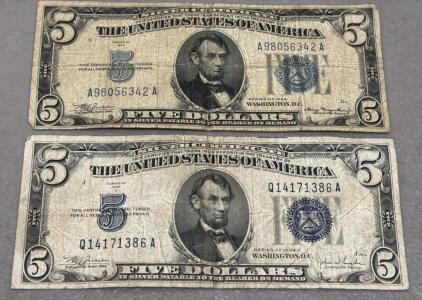 (2) 1934 $5 Silver Certificate Notes, Blue Seal, Lincoln Portrait, A98056342A & Q14171386A