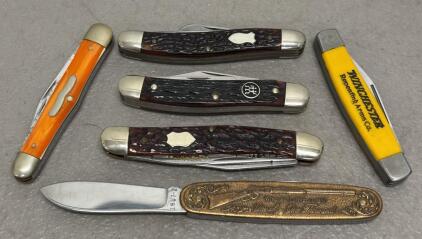 Lot of 7 Collectible Pocket Knives: Winchester 1873 Commemorative, Jigged Bone Stockmans