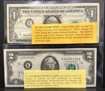 Scarce 1963 Barr $1 Note & 1976 Bicentennial $2 Note, Circulated, Serial E82304126F/K31280122A