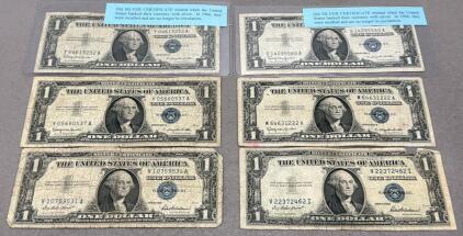 6 U.S. $1 Silver Certificate Notes, Series 1935F & 1957, Blue Seal, Serial Numbers Visible