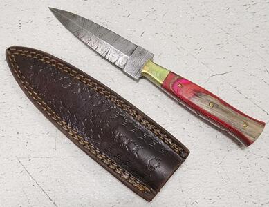 (1) Fixed Blade Damascus Steel Double Sided Dagger With Wood Handle And Sheath