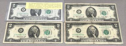 1976 $2 Bicentennial Notes, Set of 4, Richmond, San Francisco, Chicago, Dallas, All Serial Numbers Listed