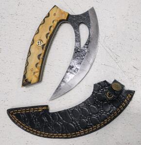 (1) Fixed Blade Cold Steel Ulu Knife With Wood Handle And Sheath