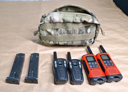 (2) 15-Round 9mm Magazines, (2) Two-Way Radio Sets & (1) Blackhawk Tactical Utility Pouch