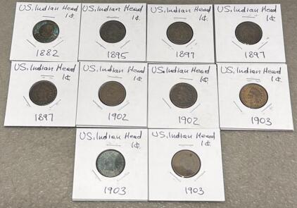 Lot of 10 US Indian Head Cents 1882, 1895, 1897, 1902, 1903 - Bronze, Circulated, Some Holed
