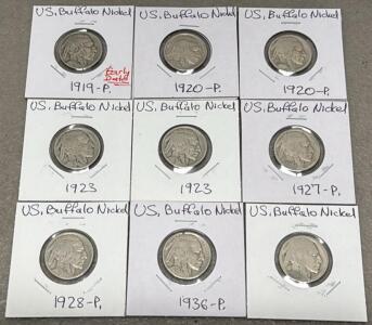 Early Date Buffalo Nickels Lot (1919&ndash;1936, 9 Coins), Circulated, Philadelphia Mint