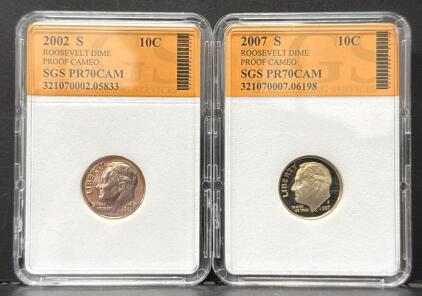 2002-S & 2007-S Roosevelt Dime Proof PR70CAM SGS, 10C San Francisco, Serial #s 05833 & 06198