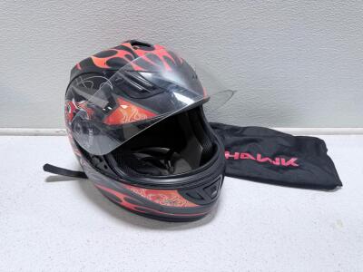 Hawk Full Face Motorcycle Helmet, Black/Red Flame Graphics, Clear Visor, Size Not Stated, Bag Included Size M