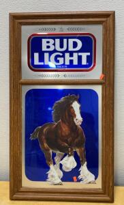 Bud Light Mirror Bar Sign, Clydesdale Horse, Vintage 31x17.5", Wall Art, 1980s-1990s, USA