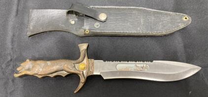 Wildlife Fixed-Blade Knife, 7.5" Stainless Blade, Animal Handle, Etched Scene, Sheath, China