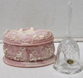 (1) Blarney Clochette Genuine 24% Lead Crystal Bell & (1) Vintage Pink Inoclay Stone Trinket Box