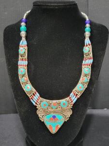 Beautiful Large Turquoise & Red Coral Necklace