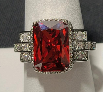 Size 10 Faceted Emerald Cut Red Stone .925 Ring