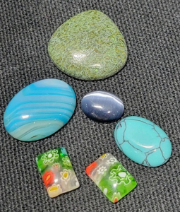 (5) Natural Gemstones in Gem Jars including: Rainow Millefiori Glass, Blue Stripe Agate, Australian Dragon Jasper, Natural Blue Turquiose, & Black Cat's Eye Oval