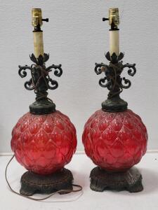 Pair Vintage Red Glass Globe Table Lamps with Ornate Cast Metal Bases, Hollywood Regency Style