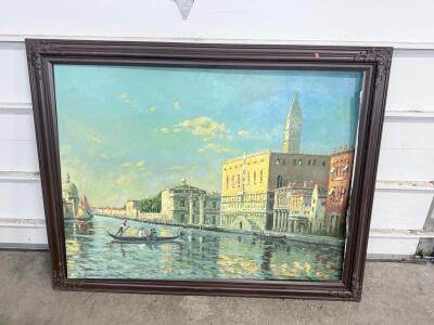 Large Framed Oil Painting &ndash; Venetian Canal Scene, Impressionist Style, Ornate Dark Wood Frame, 40"x30"