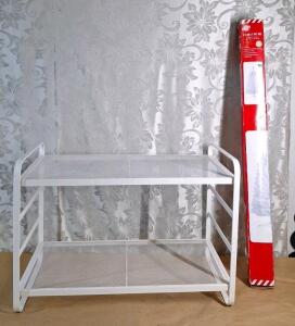 (1) White Metal 2-Tier Shelf Unit & (1) White 4" Artificial Christmas Tree