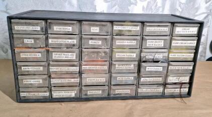 (1) 36-Drawer Organizer Rack W/ Assorted Fly Tying Feathers