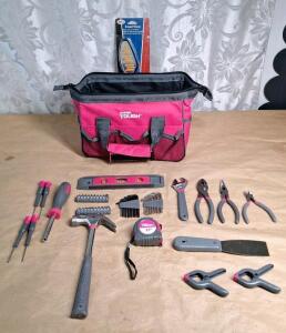 (1) Pink Hyper Tough Toolbag W/ Assorted Hand Tools & (1) Smartview Bike Mirror