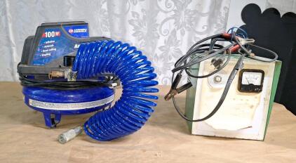(1) Campbell Hausfeld 1-Gallon Air Compressor & (1) Vintage Battery Charger