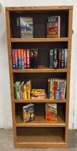 5-Shelf Oak Bookcase, 72" x 32" x 12", Woodgrain Finish, Adjustable Shelves - Robert Ludlum and Elmore Lenard Books
