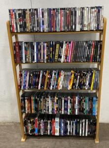 Large Blu-ray & DVD Movie Lot with Genres: Action, Comedy, Animation + 5-Tier Wooden Media Shelf Titles Include - Bad Boys - Death Wish and More