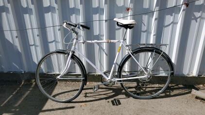 Vintage White City Bicycle with Steel Frame, Single-Speed, 27-Inch Wheels, and Rear Cargo Rack