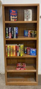 Oak 5-Shelf Bookcase with Over 20 Tom Clancy & Lee Child Novels, 71.5"x30", Includes Hardcover & Paperback
