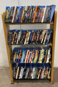 Large Blu-ray Movie Collection (~120 Discs) with Light Wood 3-Shelf Media Rack &ndash; Action, Comedy, Drama- Titles Include Shrek - Slap Shot and More