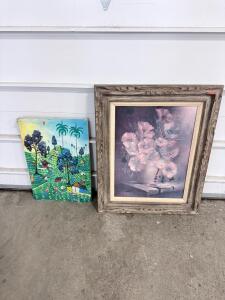 Large Framed Jenkins Floral Print 27"x21" & Colorful 24"x18" Village Landscape Folk Art Canvas