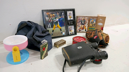 Green Bay Packers Rodgers & Favre Collectible Plaques, Vintage Tasco Binoculars, Rawlings Glove