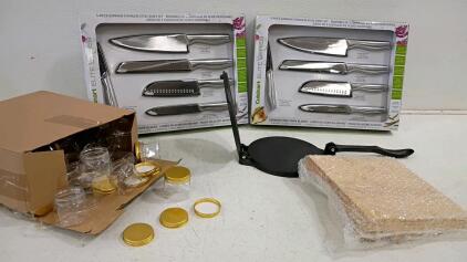 Imusa Pataconera Cast Iron Tortilla Press 8" Made in Colombia, Multi-Use for Tortillas & Arepas and Assorted Knives. Includes Box Full of Jars.