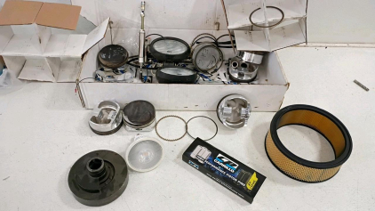 High-Performance Engine Component Lot: Carrillo Pistons 4.3922", ECCO Lights, Filter, Rings