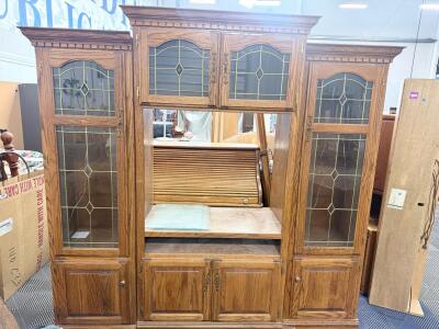 Oak Entertainment Center with Leaded Glass Doors, 72-78" Wide, Media TV Wall Unit