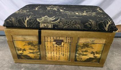 Asian Style Hand-Painted Storage Trunk Bench with Gold Scenic Panels, Cushion Top, 36"x16-19"x20"