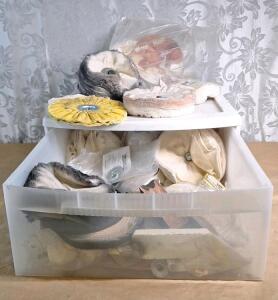 (1) Sterilite Clear View Storage Drawer W/ Assorted Buffing Wheel Pads & Supplies