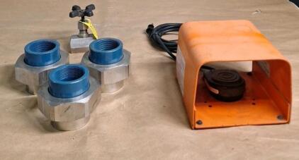 (1) Linemaster 522-B14 Full Guard Foot Switch, (3) 1-1/2 Stainless Steel Threaded Unions & (1) Apollo 1/4" Globe Valve