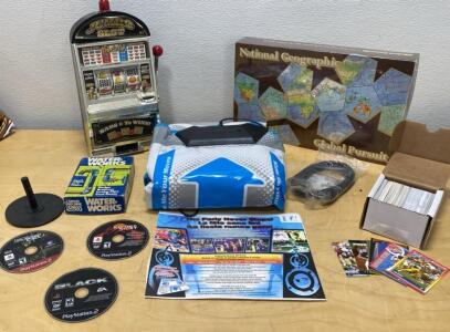 Vintage Entertainment Lot: PS2 Games, Slot Machine Bank, Board/Card Games, Sports Cards, Dance Mat