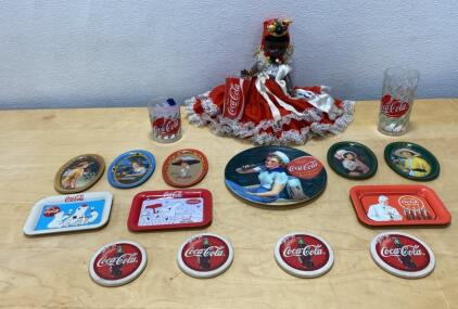 Coca-Cola Collectibles Set: Trays, Glasses, Coasters & Vintage Folk Doll