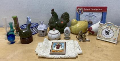 Chicken Figurine Lot, Rooster & Hen Ceramics, Glass Vases, Baby Kit, Decor (14 Pieces Approx)