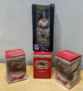 Dallas Cowboys NFL Team Gnome and 3x 2017 Budweiser Holiday Retreat Collectible Steins, Boxed