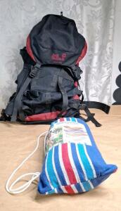 (1) Jack Wolfskin Black Camping / Hiking Backpack & (1) Hammock In A Bag