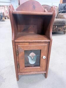 Wooden Nightstand/Side Table with Stained Glass Door, Single Shelf, Traditional Craftsman Style