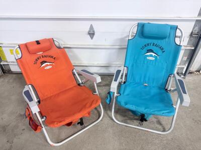 Tommy Bahama Backpack Folding Beach Chairs &ndash; Orange & Blue, 5-Position Recline, 300 lbs Capacity