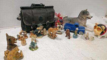 Mix of Collectible Animal Figurines, MLB Bobblehead, Elvis Piggy Bank & Leather Briefcase Lot