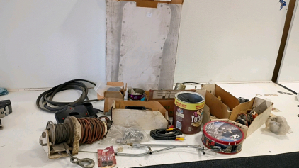 Lot of Electric Winch with Hook, Cables and 30+ Miscellaneous Automotive Electrical & Hardware Parts