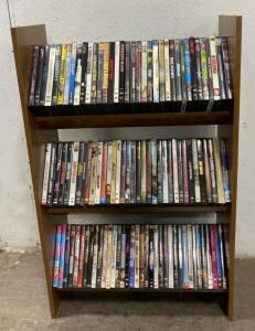 Large DVD Movie Collection (81 Titles) on Wooden 3-Shelf Media Rack &ndash; Mixed Genres, Tucker Must Die - The Island and More